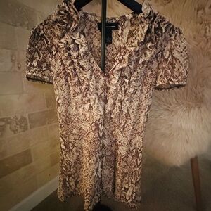 INC International Concepts Brown and Cream Ruffled Blouse